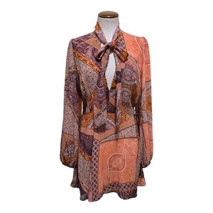 Divine Heritage Orchid Floral Paisley Print Tie Neck Long Sleeve Silk Mini Dress